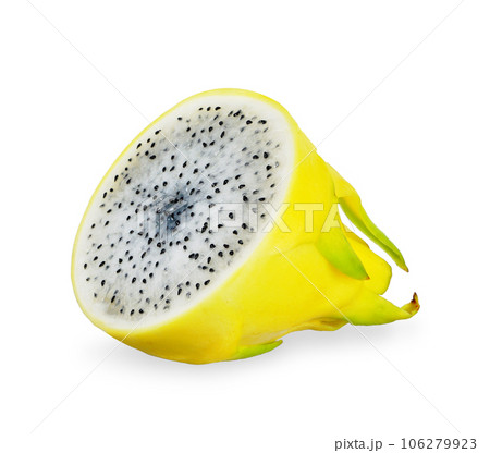 Half Yellow dragon fruit isolated on white background. Half Yellow dragon fruit isolated on white background. 106279923