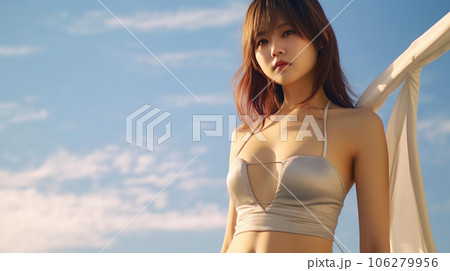夏の海・ビーチに遊びに来た水着・ビキニのアジア人女性（巨乳・Generative AI） 106279956