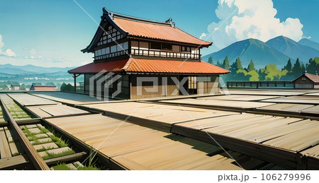 landscape traditional japanese temple and houses anime background wallpaper  Stock Illustration