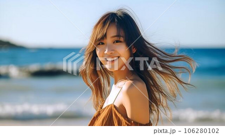 夏の海・ビーチにきたアジア人女性（Generative AI） 106280102
