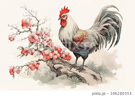 Image of rooste with pink cherry blossoms in ancient chinese style. Farm animals. Nature. Illustration, Generative AI. 106280353