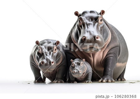 Image of family group of hippopotamuss on white background. Wildlife Animals. Illustration, Generative AI. 106280368