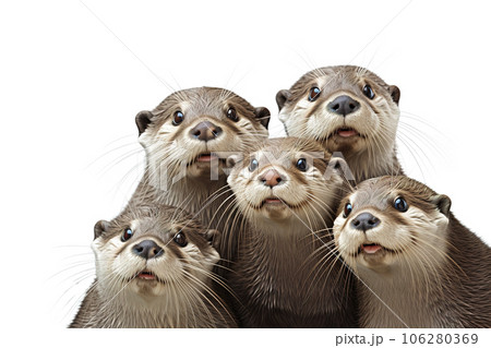 Image of family group of otters on white background. Wildlife Animals. Illustration, Generative AI. 106280369
