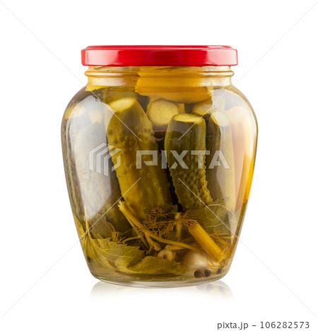 Pickled cucumbers jar isolated in white background. Homemade pickles. 106282573