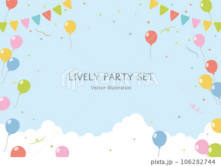 爽やかな青空に舞う風船とガーランドと紙吹雪。賑やかなパーティセット 爽やかな青空に舞う風船とガーランドと紙吹雪。賑やかなパーティセット 106282744