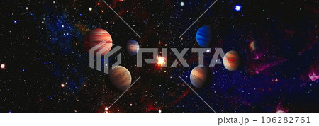 Stars of a planet and galaxy in a free space . Bright Star Nebula. Distant galaxy. Abstract image. Elements of this image furnished by NASA. 106282761
