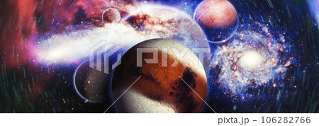 Stars of a planet and galaxy in a free space . Bright Star Nebula. Distant galaxy. Abstract image. Elements of this image furnished by NASA. 106282766