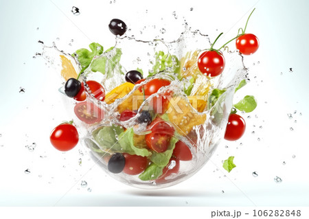 Fresh flying salad vegetables in drops and falling splashes of clean water 106282848