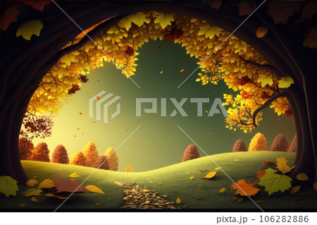 Cartoon autumn charming landscape. A beautiful frame of trees with yellow and orange leaves. Created using generative AI. 106282886