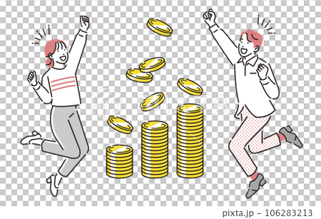 笑顔でジャンプする男女とお金のイメージ 笑顔でジャンプする男女とお金のイメージ 106283213