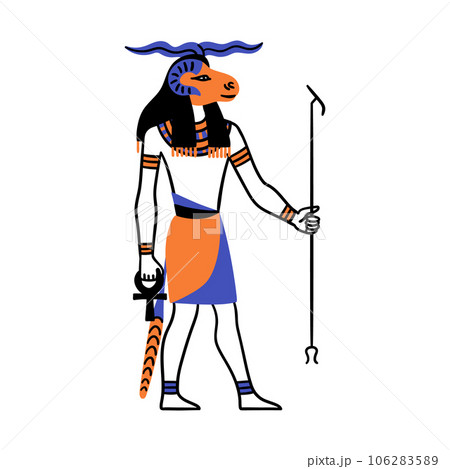 Cartoon Color Character Egyptian God Khnum Egypt Myth Concept Flat Design Style. Vector illustration of Ancient Mythology Personage or Sculpture 106283589