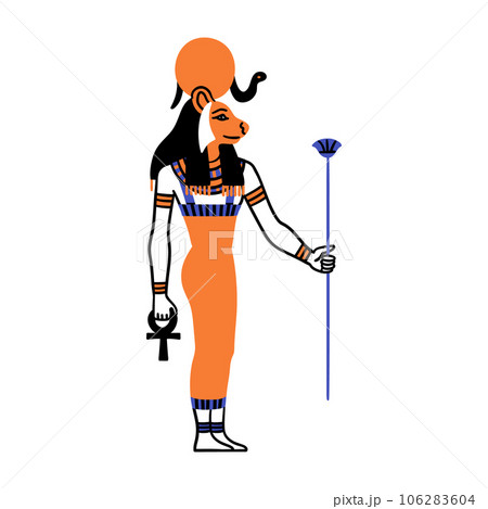Cartoon Color Character Egyptian God Sekhmet Egypt Myth Concept Flat Design Style. Vector illustration of Ancient Mythology Personage or Sculpture 106283604