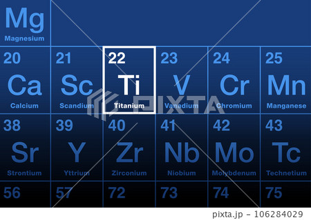Titanium element on the periodic table. Lustrous transition metal and chemical element with atomic number 22 and element symbol Ti, named after the Titans from Greek mythology. Resistant to corrosion. Titanium element on the periodic table. Lustrous transition metal and chemical element with atomic number 22 and element symbol Ti, named after the Titans from Greek mythology. Resistant to corrosion. 106284029