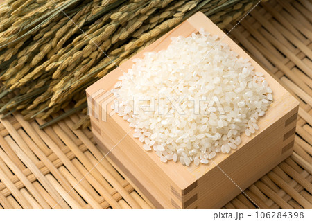 枡に入ったお米と稲穂。新米のイメージ。 106284398