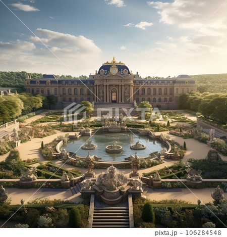 Garden and facade of the palace of versailles. Beautiful gardens outdoors near Paris, France. The Palace Versailles was a royal chateau and was added to the UNESCO list of World Heritage Sites Garden and facade of the palace of versailles. Beautiful gardens outdoors near Paris, France. The Palace Versailles was a royal chateau and was added to the UNESCO list of World Heritage Sites 106284548