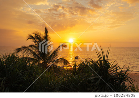 aerial view sunset at Karon beach.Karon beach is a beach is broad and long. Sand and beautiful beach suitable for swimming and used as a training dive..Karon beach have many kind of water sports 106284808