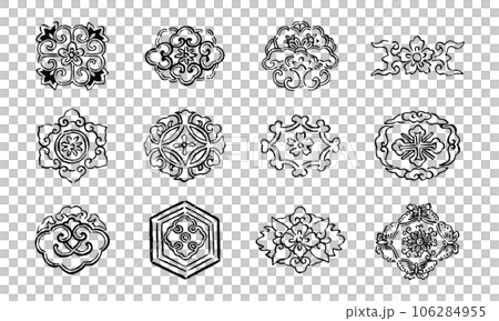 手書き風モノクロの伝統的な日本の文様セット01. 106284955
