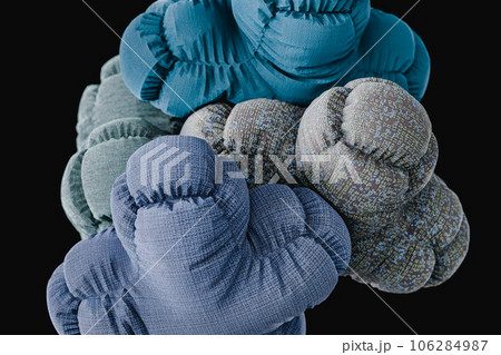 soft bodies with fabric textures collapsing in black background . 3d render soft bodies with fabric textures collapsing in black background . 3d render 106284987