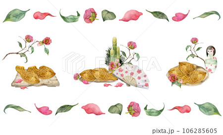 Watercolor hand drawn traditional Japanese sweets. Set of compositions with winter wagashi, taiyaki, tea, frames. Isolated on white background. Invitations restaurant menu greeting cards print textile Watercolor hand drawn traditional Japanese sweets. Set of compositions with winter wagashi, taiyaki, tea, frames. Isolated on white background. Invitations restaurant menu greeting cards print textile 106285605