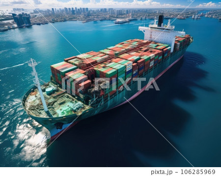Top view container ship surreal with world planet map background, Logistic and transport concept. Generative AI Top view container ship surreal with world planet map background, Logistic and transport concept. Generative AI 106285969