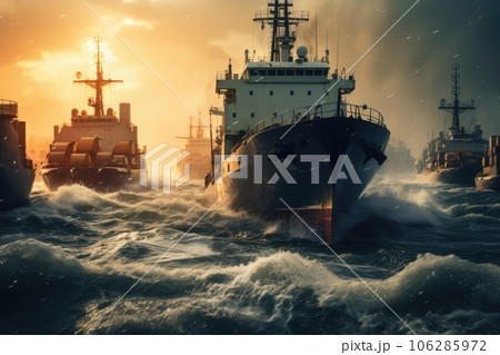 Cargo ship in surreal sea with world planet map background, Logistic and transport concept. Generative AI 106285972