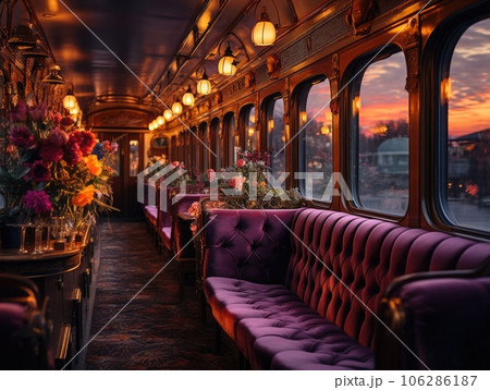 Velvet sofa inside a train car in the style of luxury, with flower vase, light from lamps to illuminate in the evening atmosphere. Generative AI 106286187