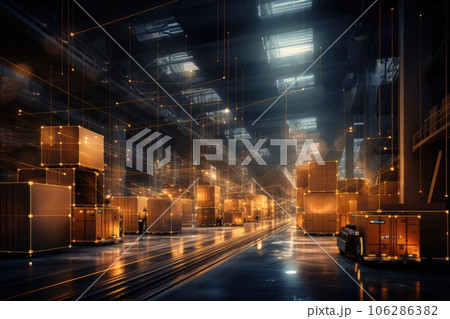 A large warehouse with rows of multiple stacks of boxes and merchandise, forklift loads pallets and boxes in warehouse. Generative AI A large warehouse with rows of multiple stacks of boxes and merchandise, forklift loads pallets and boxes in warehouse. Generative AI 106286382