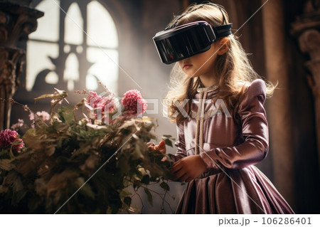 Princess girl wearing VR headset user, surreal world and virtual reality, colorful flowers fields. Generative AI Princess girl wearing VR headset user, surreal world and virtual reality, colorful flowers fields. Generative AI 106286401