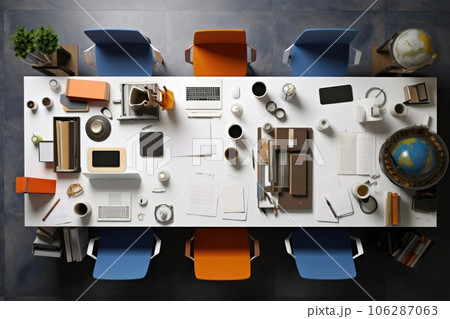 Top view Office desk with office tools, computer laptop, plant pot and on wood table background. Generative AI 106287063