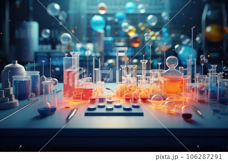 Scientific equipments spread on desk. Generative AI Scientific equipments spread on desk. Generative AI 106287291