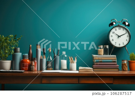 Top view Office desk with office tools, computer laptop on wood table background with copy space. Generative AI 106287517