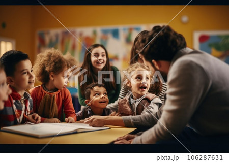 Preschool pupil children learning a nursery rhyme in a class. Generative AI 106287631