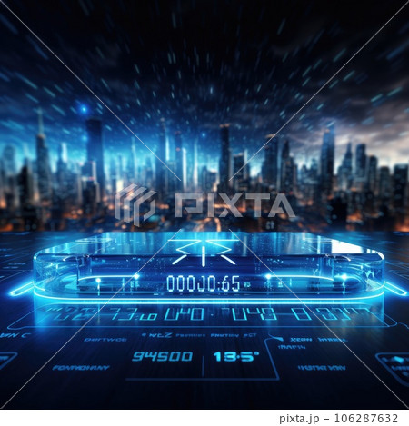 Abstract technology hud interface hologram elements neon lights, circle percent vitality innovation on hi tech future design. Generative AI 106287632
