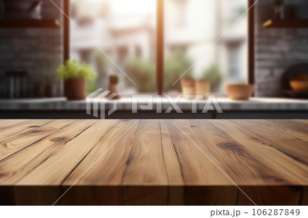 Montage wooden table with blurred modern kitchen room background. Generative AI 106287849