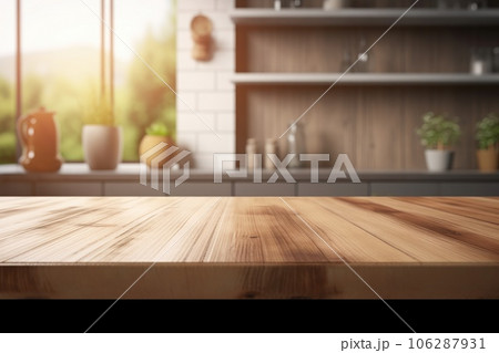 Montage wooden table with blurred modern kitchen room background. Generative AI Montage wooden table with blurred modern kitchen room background. Generative AI 106287931