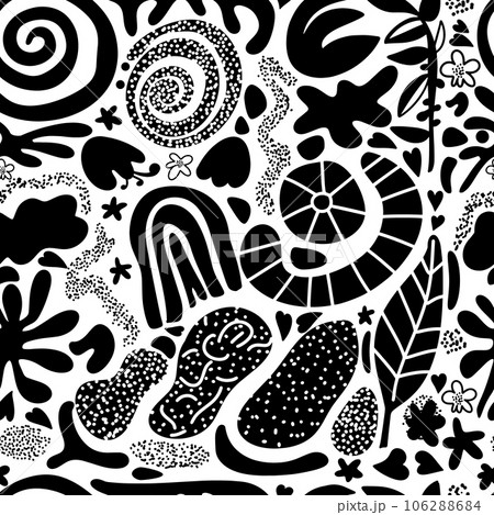 Monochrome seamless background of graphic elements. Seamless trendy background of black different elements. Vector illustration. 106288684