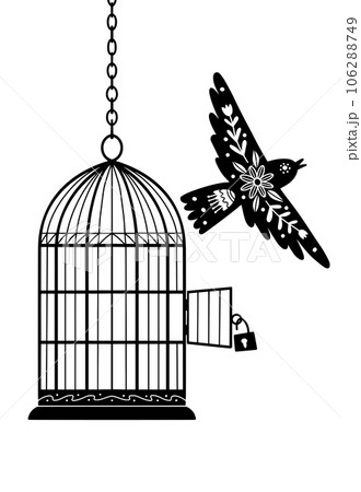 Bird and Cage Silhouette Drawing, Black on White, Freedom Concept. Vector Illustration. Bird and Cage Silhouette Drawing, Black on White, Freedom Concept. Vector Illustration. 106288749