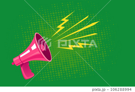 Vector vintage poster with retro pink megaphone on green background. Retro megaphone green halftone background. Vector vintage poster with retro pink megaphone on green background. Retro megaphone green halftone background. 106288994