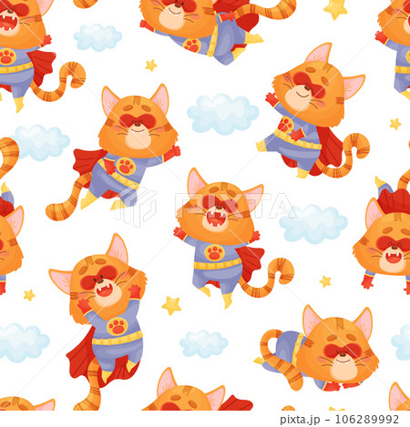 Funny Cat Superhero Wearing Mask and Cloak Vector Seamless Pattern Funny Cat Superhero Wearing Mask and Cloak Vector Seamless Pattern 106289992