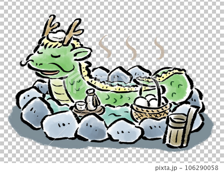 A dragon (dragon) relaxing in a hot spring Hand-drawn illustration with brush strokes 106290058