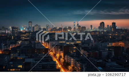 Panoramic skyline and modern commercial buildings with empty asphalt road. AI Generative. 106290717