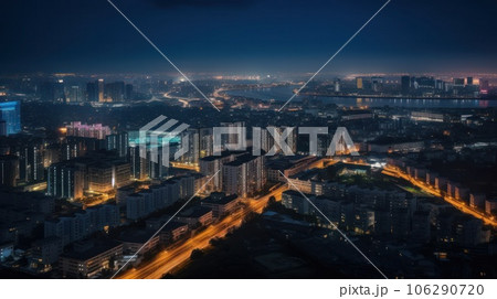 Panoramic skyline and modern commercial buildings with empty asphalt road. AI Generative. 106290720