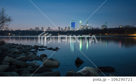Panoramic skyline and modern commercial buildings with empty asphalt road. AI Generative. 106290721