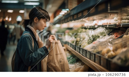 Woman chooses fruits and vegetables food market. Reusable bag shopping. Zero waste. AI Generative. Woman chooses fruits and vegetables food market. Reusable bag shopping. Zero waste. AI Generative. 106290736