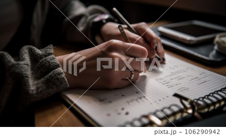Desk with papers, a white pad and the hands of a businessman who is about to write. Close-up to the hands of a man with a suit and watch writing in his notebook. AI Generative. Desk with papers, a white pad and the hands of a businessman who is about to write. Close-up to the hands of a man with a suit and watch writing in his notebook. AI Generative. 106290942