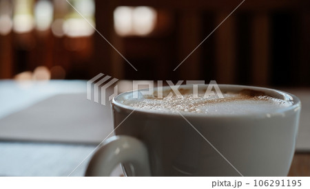Cup with cappuccino coffee close-up, selective focus on the froth. Coffee break, rest in a cafe with a cup of aromatic latte coffee, an idea for a menu Cup with cappuccino coffee close-up, selective focus on the froth. Coffee break, rest in a cafe with a cup of aromatic latte coffee, an idea for a menu 106291195