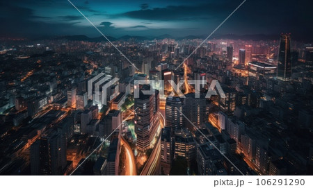 Panoramic skyline and modern commercial buildings with empty asphalt road. AI Generative. 106291290