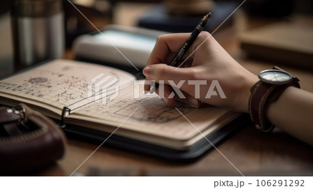 Desk with papers, a white pad and the hands of a businessman who is about to write. Close-up to the hands of a man with a suit and watch writing in his notebook. AI Generative. 106291292