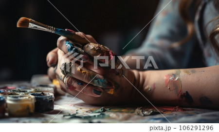 Artist Works on Oil Painting, Moving Paint Brush Energetically She Creates Modern Masterpiece. Dark Creative Studio with Large Canvas Stands on Easel Illuminated. Low Angle Close-up.AI Generative 106291296