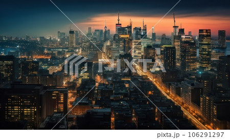 Panoramic skyline and modern commercial buildings with empty asphalt road. AI Generative. 106291297